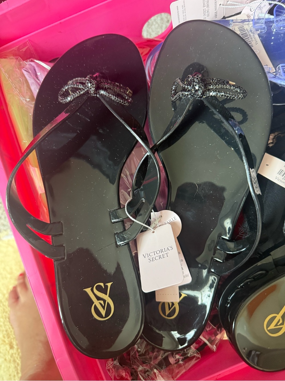 Victoria's Secret Black Jelly Thong Sandals with Bow Embellishment